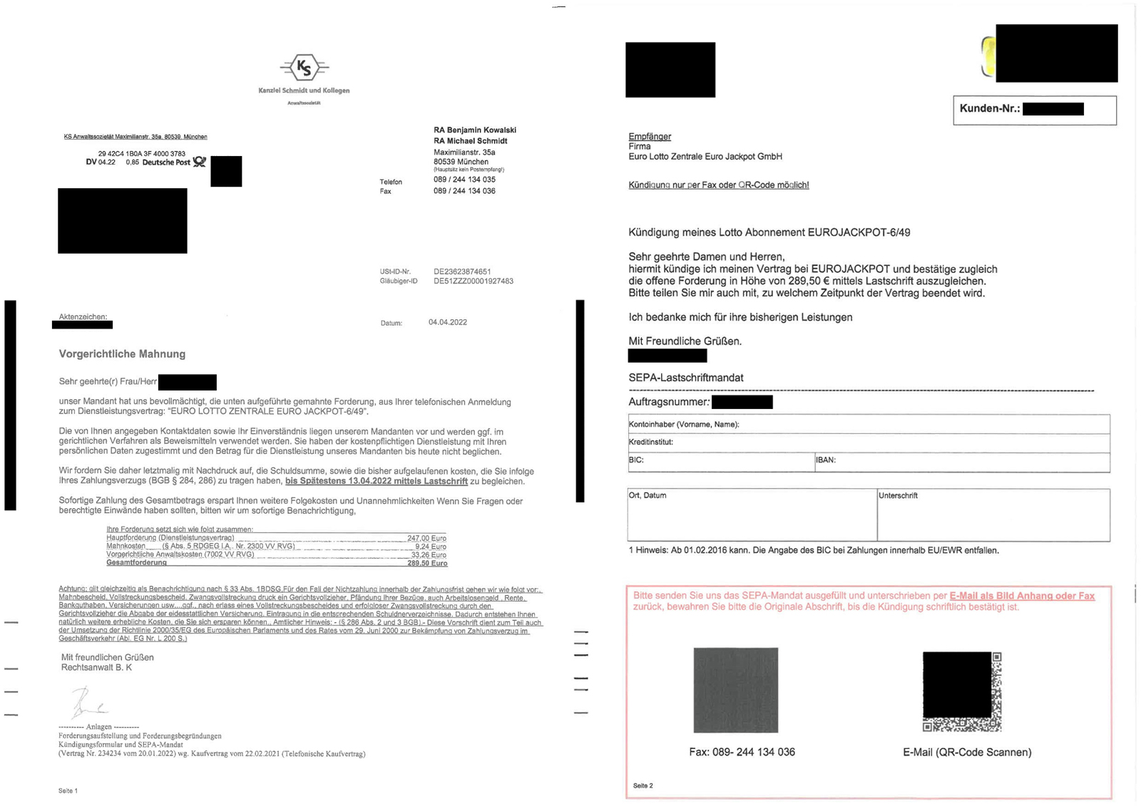 Vorgerichtliche Mahnung Lottofirma